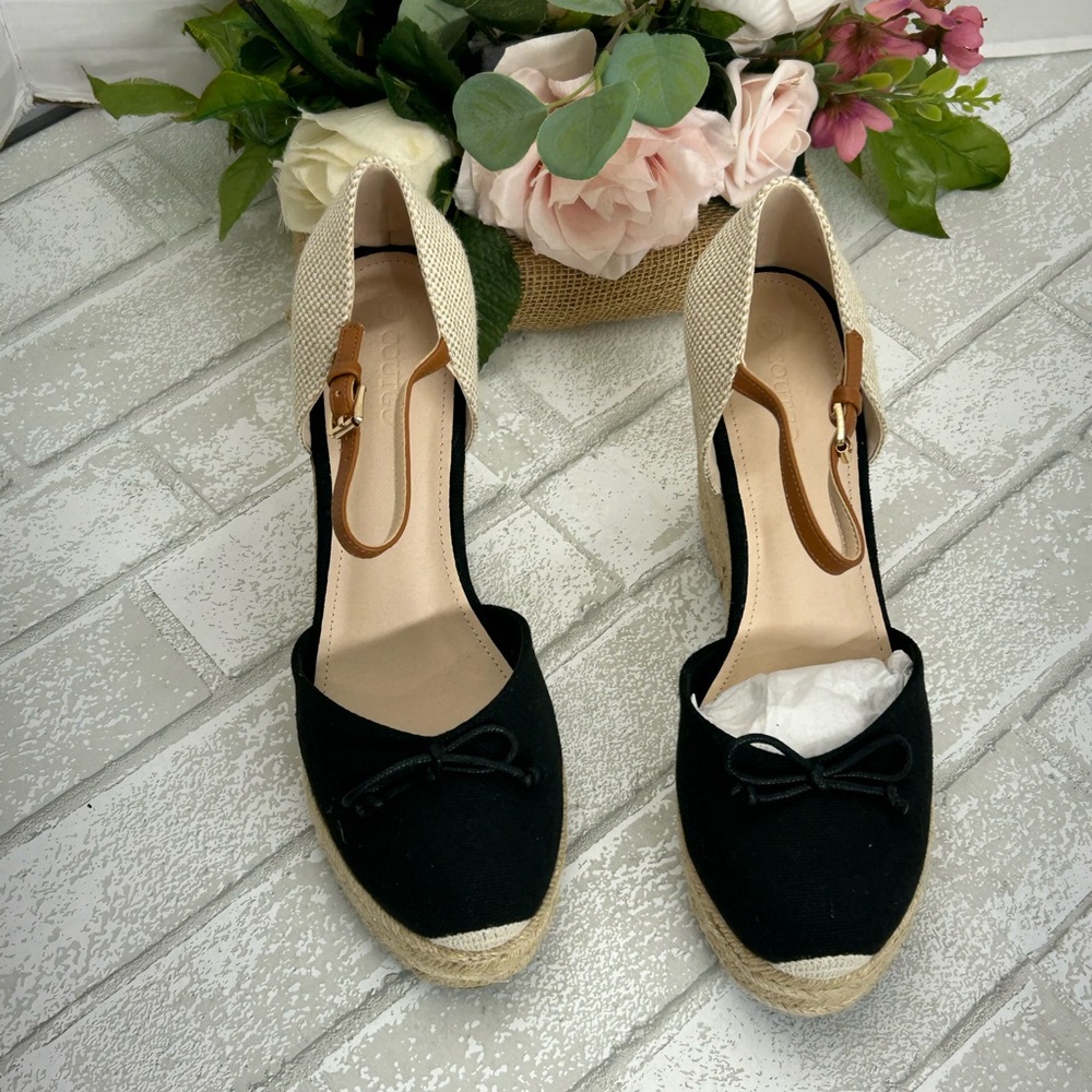 Black and Cream Ankle-Strap Espadrille Flats